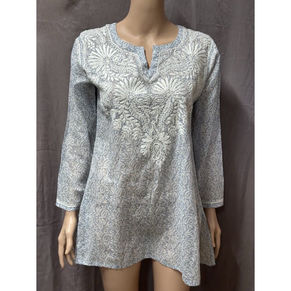 Jayshree Dalal Blue White Cotton Embroidered Long Top Tunic Dress Long Sleeve S
